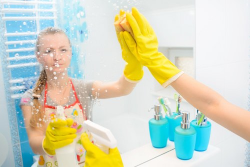 Cleaning team maintaining a modern business facility